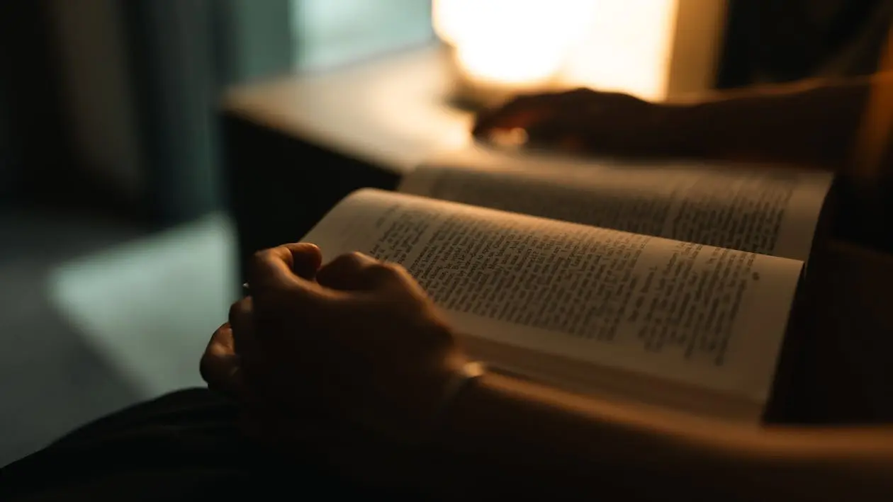 Person reading by warm lamp light in a cosy evening setting